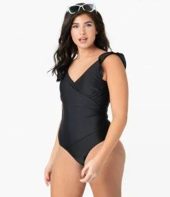 Marina West Pin-Up Style Black Ruffle One Piece Swimsuit