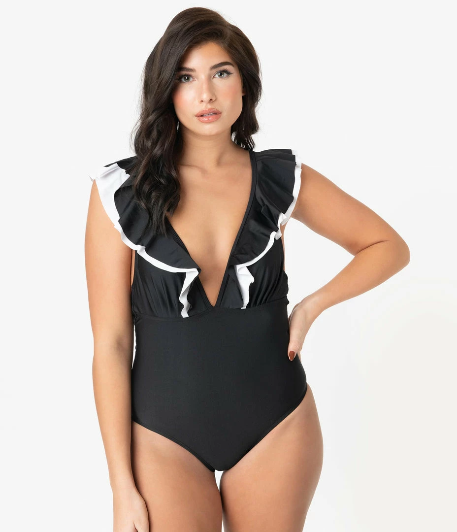 Marina West Black & White Ruffled Neckline One Piece