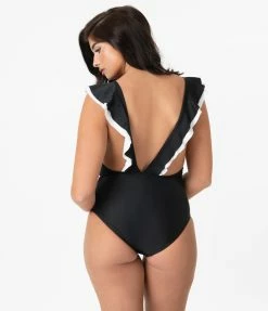 Marina West Black & White Ruffled Neckline One Piece