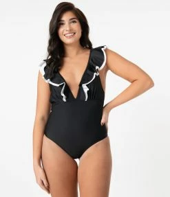 Marina West Black & White Ruffled Neckline One Piece