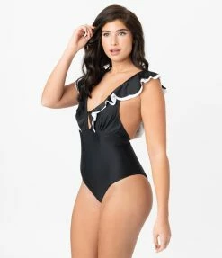 Marina West Black & White Ruffled Neckline One Piece