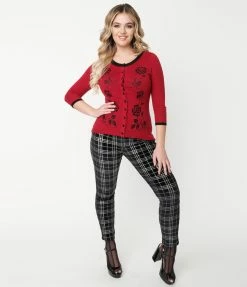 Sale Unique Vintage Black & Silver Plaid Velvet Rizzo Cigarette Pants