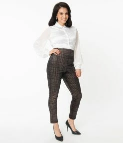 Unique Vintage Black & Metallic Houndstooth Rizzo Cigarette Pants Sale