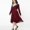 Unique Vintage Burgundy & Houndstooth Parkview Swing Coat