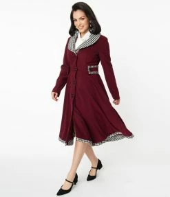 Unique Vintage Burgundy & Houndstooth Parkview Swing Coat