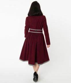 Unique Vintage Burgundy & Houndstooth Parkview Swing Coat