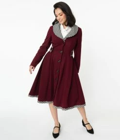 Unique Vintage Burgundy & Houndstooth Parkview Swing Coat