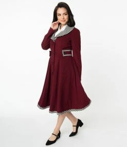 Unique Vintage Burgundy & Houndstooth Parkview Swing Coat