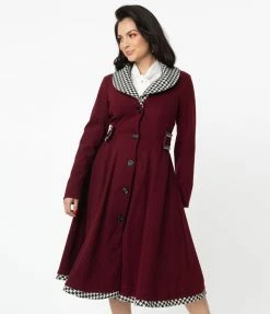 Unique Vintage Burgundy & Houndstooth Parkview Swing Coat