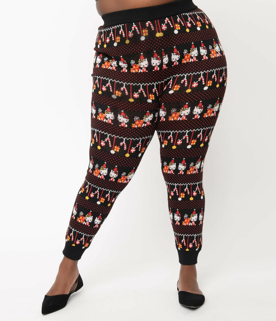 Hello Kitty X Unique Vintage Plus Size Festive Holiday Fair Isle Sycamore Knit Leggings