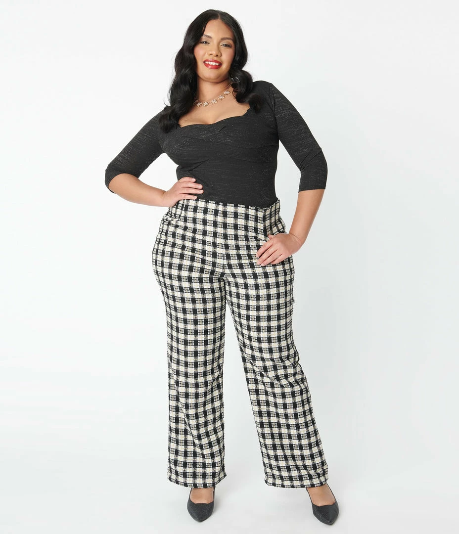 Unique Vintage Plus Size Black & White Plaid Tweed Abia Pants