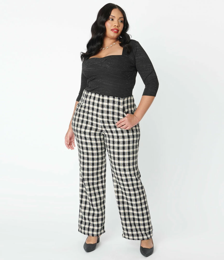 Unique Vintage Plus Size Black & White Plaid Tweed Abia Pants