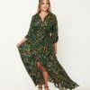 Sale Unique Vintage Emerald & Gold Leaf Print Blanche Maxi Shirtdress