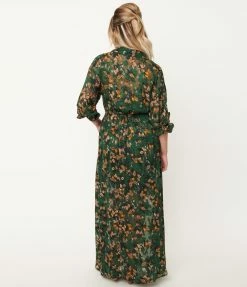 Sale Unique Vintage Emerald & Gold Leaf Print Blanche Maxi Shirtdress