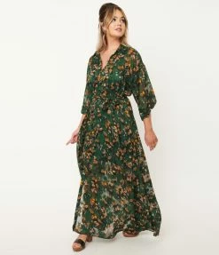 Sale Unique Vintage Emerald & Gold Leaf Print Blanche Maxi Shirtdress