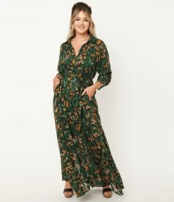 Sale Unique Vintage Emerald & Gold Leaf Print Blanche Maxi Shirtdress