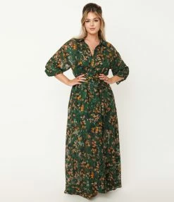 Sale Unique Vintage Emerald & Gold Leaf Print Blanche Maxi Shirtdress
