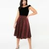 Sale Unique Vintage Burgundy Velvet & Gold Glitter Stripes Vivien Swing Skirt