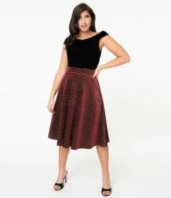Sale Unique Vintage Burgundy Velvet & Gold Glitter Stripes Vivien Swing Skirt
