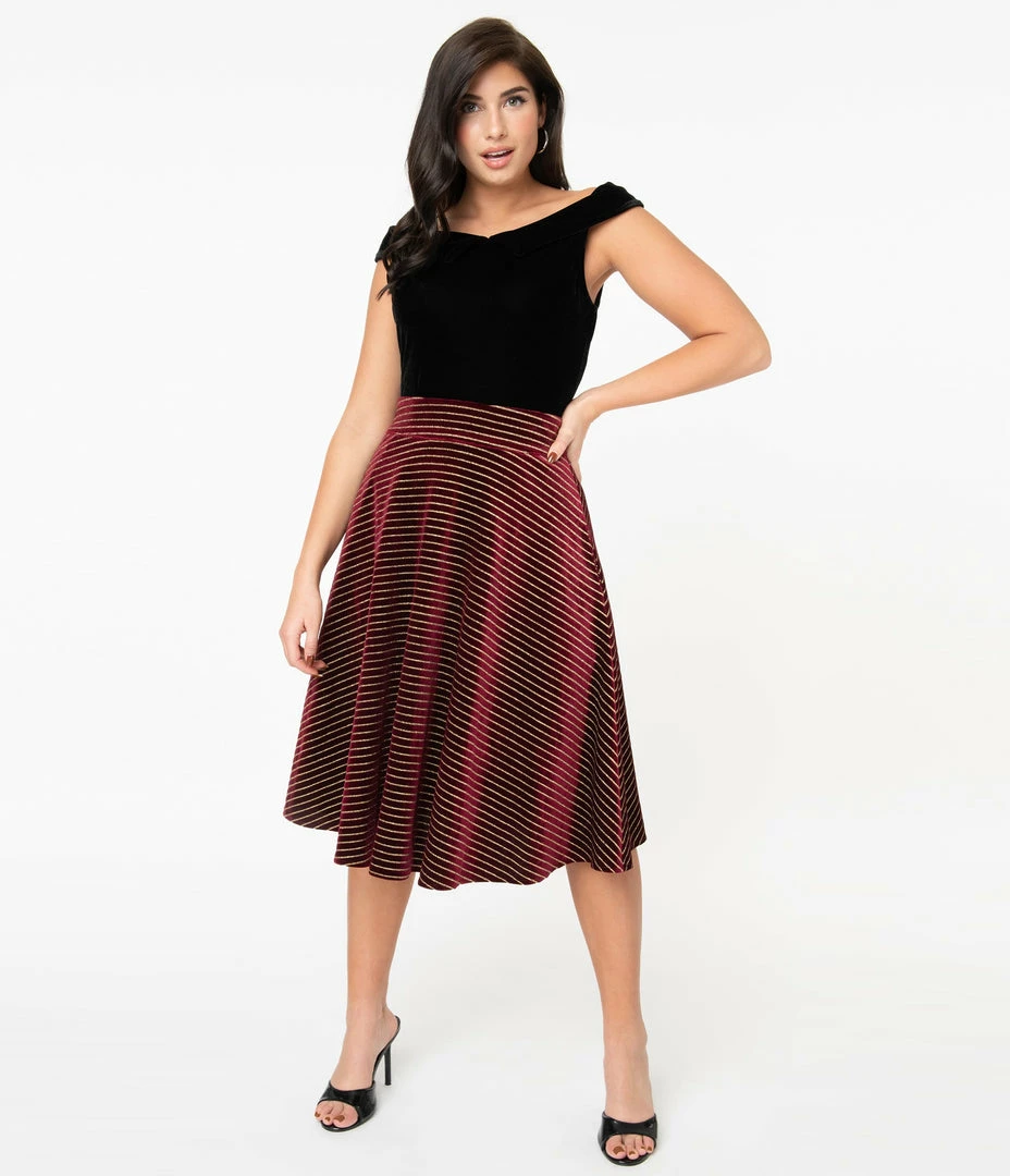 Sale Unique Vintage Burgundy Velvet & Gold Glitter Stripes Vivien Swing Skirt