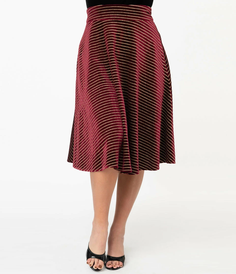 Sale Unique Vintage Burgundy Velvet & Gold Glitter Stripes Vivien Swing Skirt