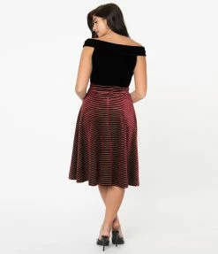 Sale Unique Vintage Burgundy Velvet & Gold Glitter Stripes Vivien Swing Skirt