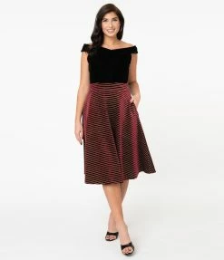 Sale Unique Vintage Burgundy Velvet & Gold Glitter Stripes Vivien Swing Skirt