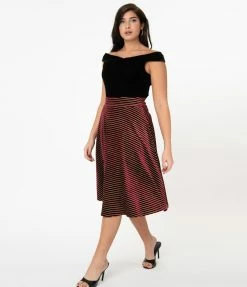 Sale Unique Vintage Burgundy Velvet & Gold Glitter Stripes Vivien Swing Skirt