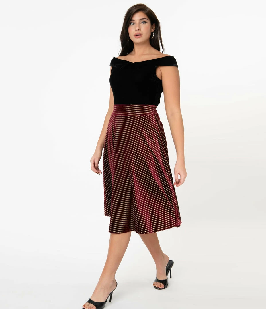 Sale Unique Vintage Burgundy Velvet & Gold Glitter Stripes Vivien Swing Skirt