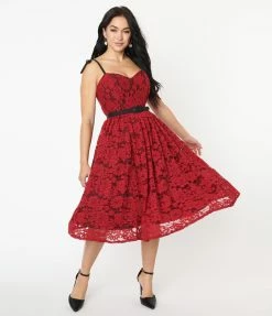 Unique Vintage Burgundy & Black Lace Dita Swing Dress Sale