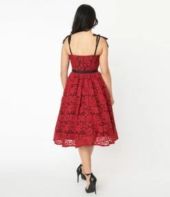 Unique Vintage Burgundy & Black Lace Dita Swing Dress Sale