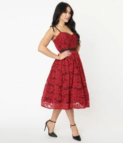 Unique Vintage Burgundy & Black Lace Dita Swing Dress Sale