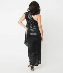 Unique Vintage Black Metallic One Shoulder Lucretia Fitted Dress Sale