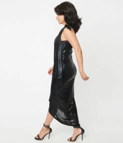 Unique Vintage Black Metallic One Shoulder Lucretia Fitted Dress Sale