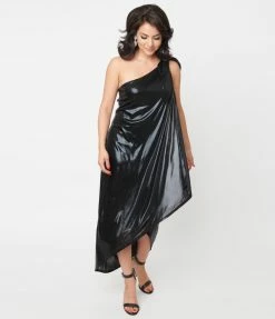 Unique Vintage Black Metallic One Shoulder Lucretia Fitted Dress Sale
