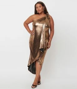 Unique Vintage Plus Size Bronze Metallic One Shoulder Lucretia Fitted Dress Sale