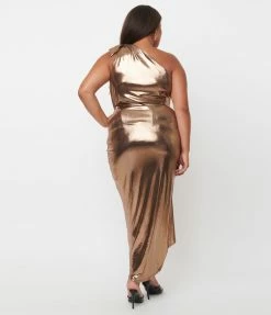 Unique Vintage Plus Size Bronze Metallic One Shoulder Lucretia Fitted Dress Sale