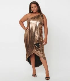Unique Vintage Plus Size Bronze Metallic One Shoulder Lucretia Fitted Dress Sale