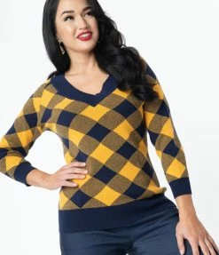 Unique Vintage Navy & Yellow Plaid Shelly Sweater