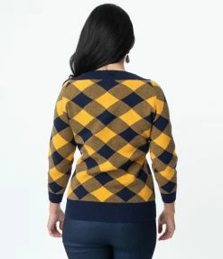 Unique Vintage Navy & Yellow Plaid Shelly Sweater