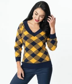 Unique Vintage Navy & Yellow Plaid Shelly Sweater