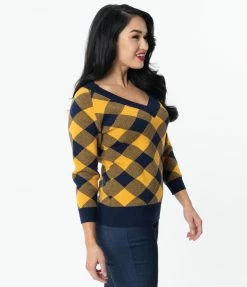 Unique Vintage Navy & Yellow Plaid Shelly Sweater