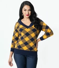 Unique Vintage Navy & Yellow Plaid Shelly Sweater