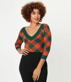 Unique Vintage Hunter Green & Brick Plaid Shelly Sweater Sale