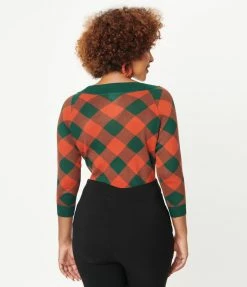 Unique Vintage Hunter Green & Brick Plaid Shelly Sweater Sale