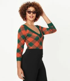 Unique Vintage Hunter Green & Brick Plaid Shelly Sweater Sale
