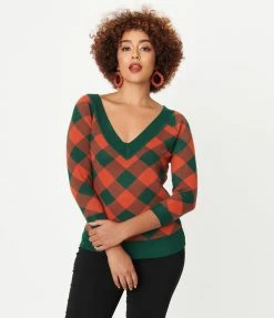 Unique Vintage Hunter Green & Brick Plaid Shelly Sweater Sale