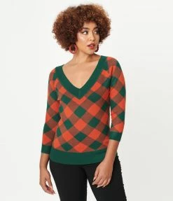 Unique Vintage Hunter Green & Brick Plaid Shelly Sweater Sale