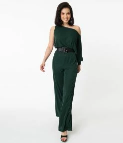 Sale Unique Vintage Emerald Sparkle One Sleeve Yvonne Jumpsuit