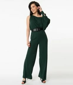 Sale Unique Vintage Emerald Sparkle One Sleeve Yvonne Jumpsuit